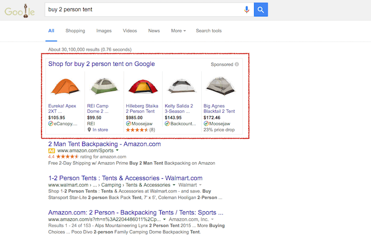 Google Shopping hirdetés példa - keresési vs display hirdetés
