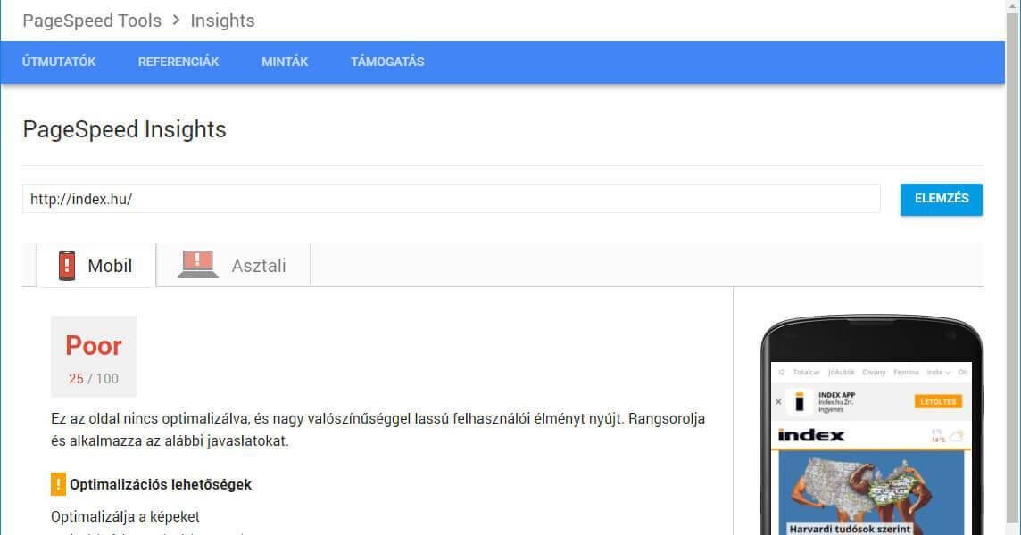 honlap optimalizálás Page Insights segítségével - screenshot